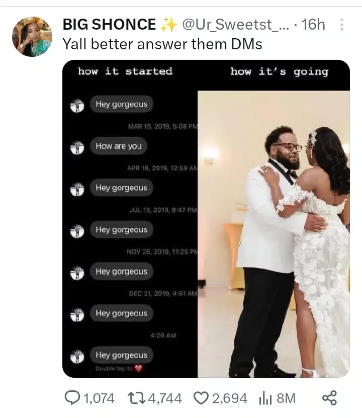 'You better answer your DMs' - Woman advises ladies as she marries man who has been texting her since 2019