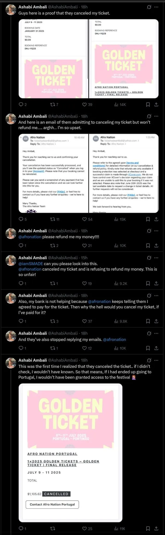 Lady accuses Afro Nation of 'theft' after $1,105 ticket was canceled with no refund