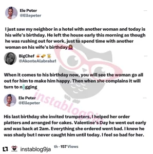 I just saw my neighbor's husband with another woman in a hotel on her birthday - Lady reveals