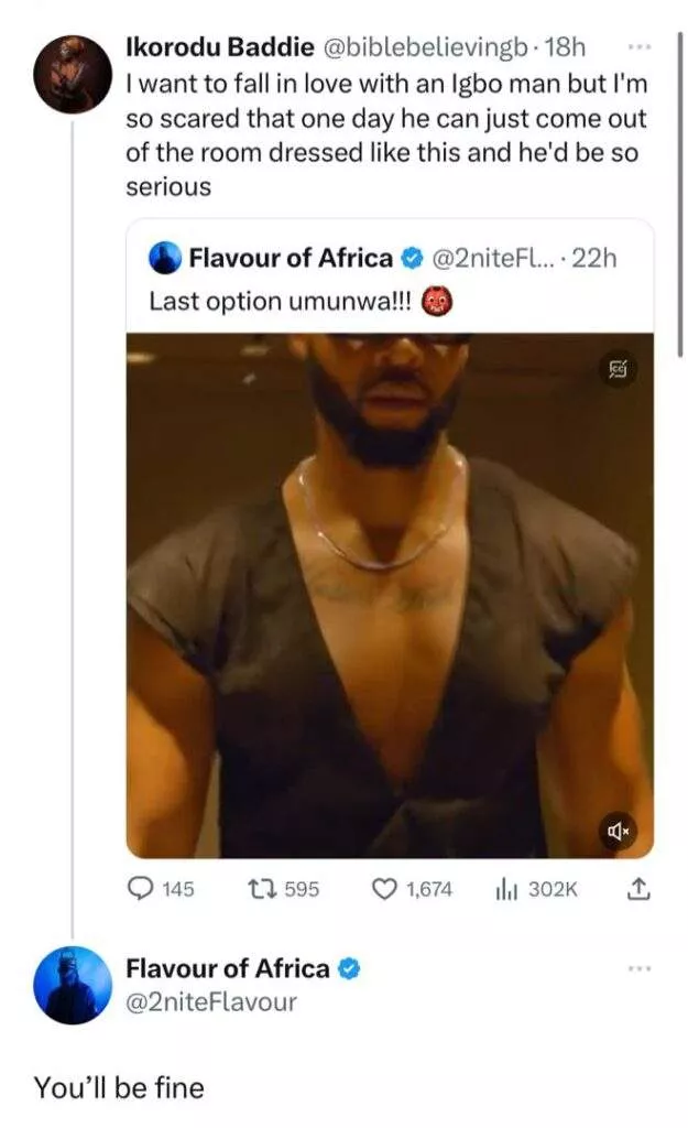 Flavour replies lady who said she wants to fall in love with an Igbo man but is worried about their fashion sense