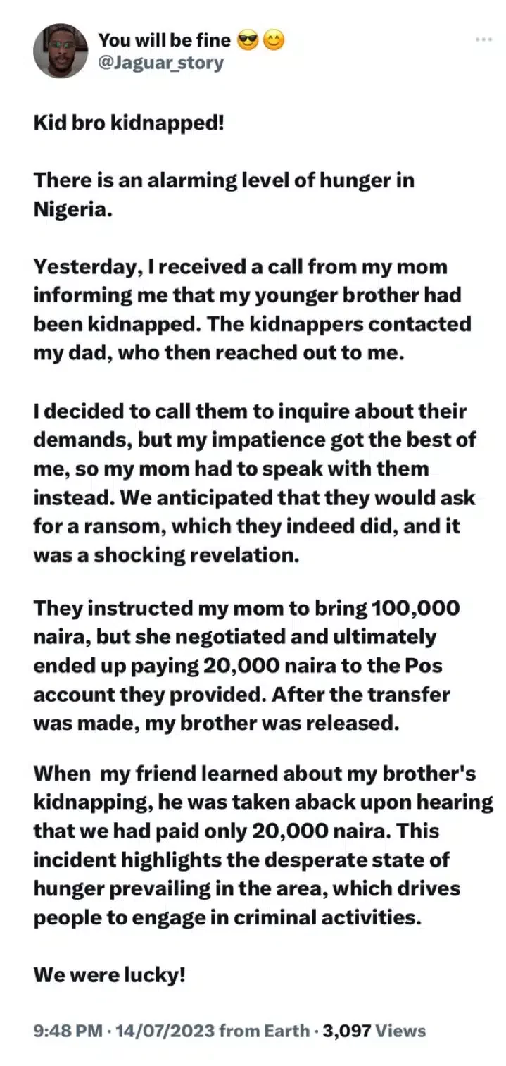 Nigerian man narrates how younger brother was kidnapped for N20k ransom