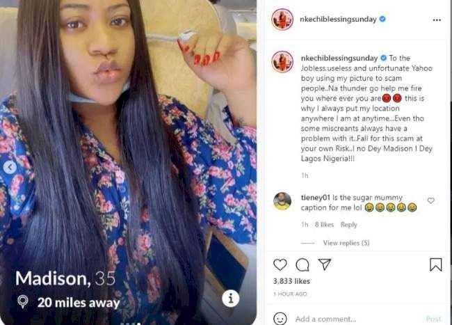 'I no dey Madison na Lagos I dey' - Nkechi Blessing reacts as yahoo boys use her photo to defraud people