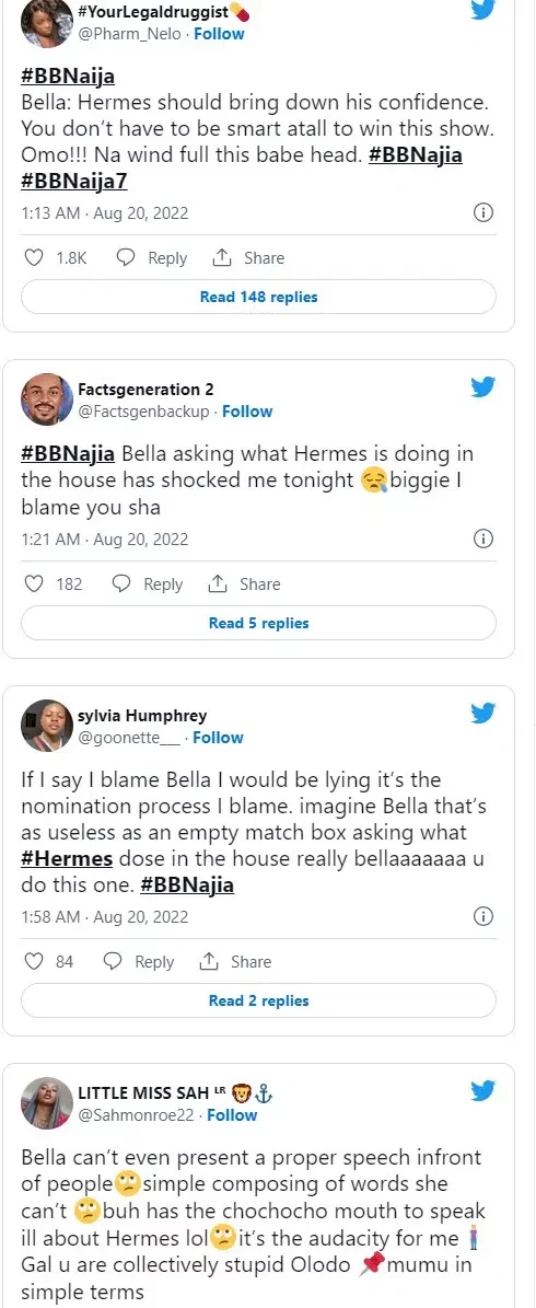 BBNaija: Bella dragged for berating Hermes' confidence (Video)