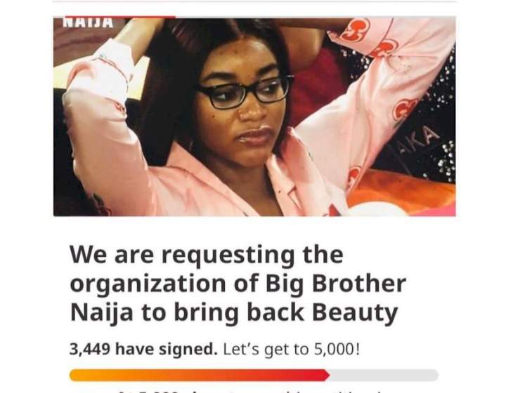 #BBNaija: Reactions as over 3000 fans sign petition for organisers to bring back disqualified housemate, Beauty