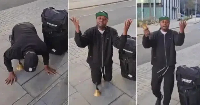 "My oga na you give me visa" - Isreal DMW rings bell on the streets of London, kneels and bows to thank Davido (Video)