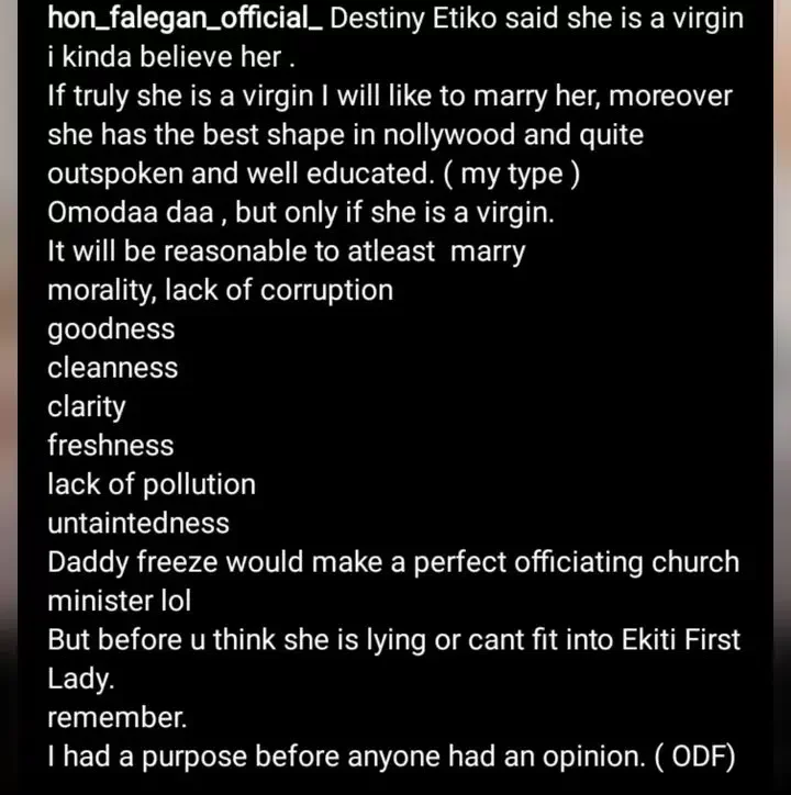 'I will like to marry Destiny Etiko if she is truly a virgin' - Opeyemi Falegan reveals