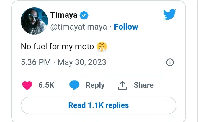 'Use the N10m APC paid you' - Nigerians tackle Timaya as he laments over fuel scarcity