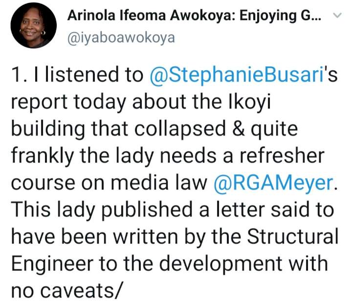 CNN's Stephanie Busari responds after she was called out by lawyer Iyabo Awokoya for her publication on the Ikoyi building collapse
