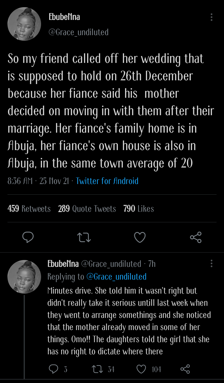Lady calls off wedding after prospective mother-in-law moved into her fiance's house