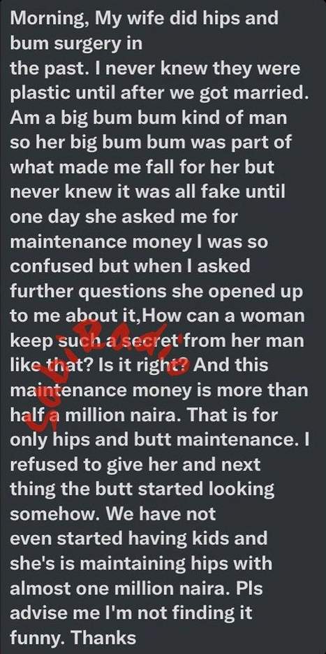 Man laments after finding out about wife's butt enhancement, N500K cost of maintenance