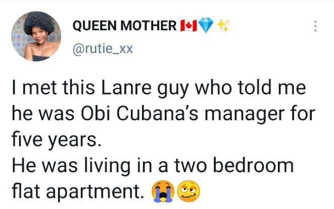 I expected better - Lady who met Obi Cubana's alleged manager expresses disappointment as she reveals where he lives