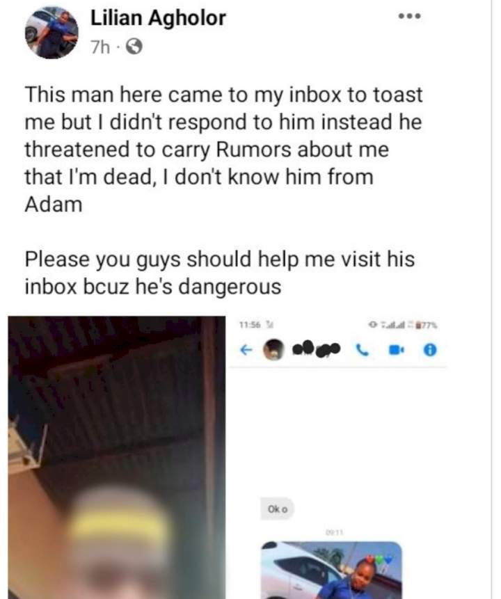 Nigerian lady claims man threatened to spread fake rumour of her death after she rejected his love overtures