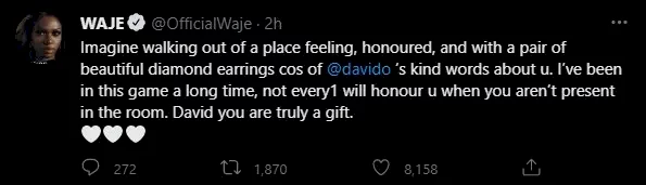 Waje excited as she receives diamond earrings courtesy of Davido's kind words about her