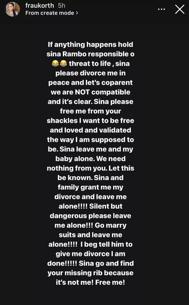 'Marriage is not by force. Divorce me in peace' - Rapper Sina Rambo's estranged wife, Heidi, says as she alleges threat to life