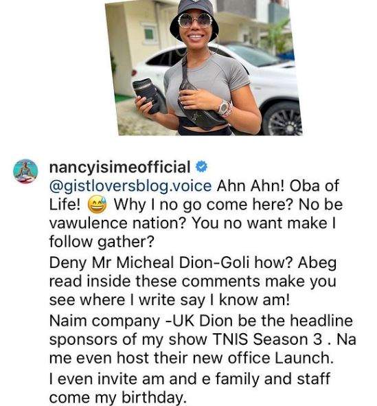 'I can't deny him' - Nancy Isime opens up on relationship with alleged married lover, as anonymous writer threatens to release receipt