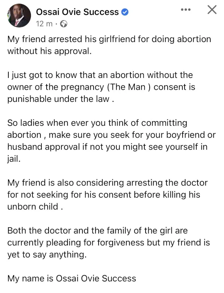 Man arrests girlfriend for aborting their unborn child without his consent