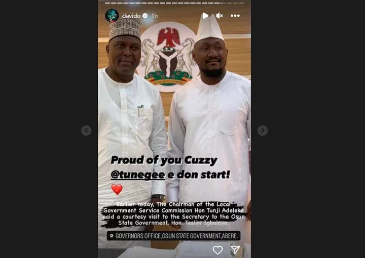 Davido celebrates cousin Tunegee's political appointment in Osun.