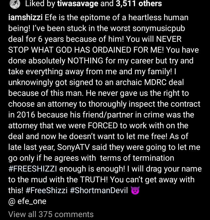 Shizzi calls out his manager, Efe, over a six-year publishing deal