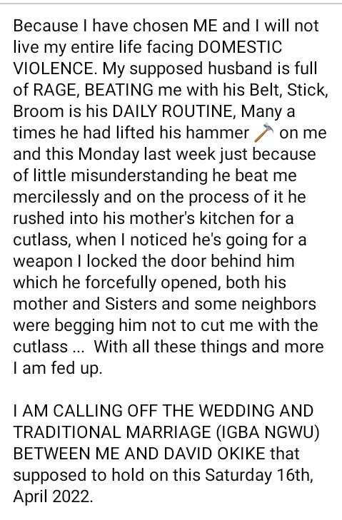 'Beating me was not part of the agreement in our marriage' - Nigerian lady calls off her wedding few days to D-Day as fiancé allegedly turned her into punching bag