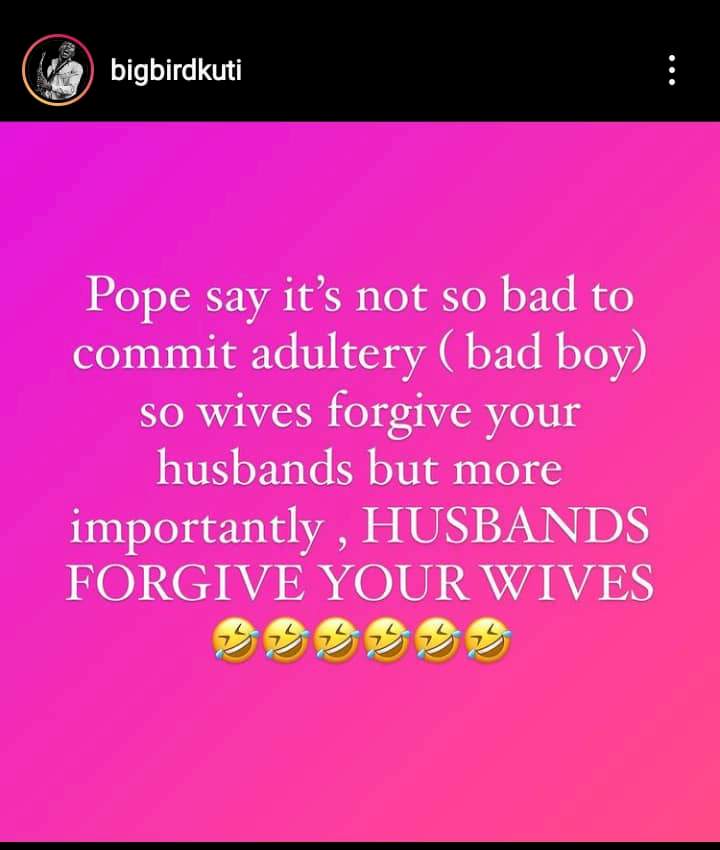 'Bad boy!' - Seun Kuti reacts to Pope Francis' remarks on how adultery 'is not a serious sin'