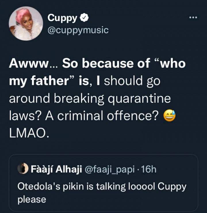 DJ Cuppy lashes out at insinuations of how her father's wealth makes her above the law following UK's travel ban