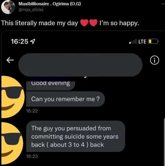 Man shares chat with guy who came back to thank him for stopping him from taking his life years back