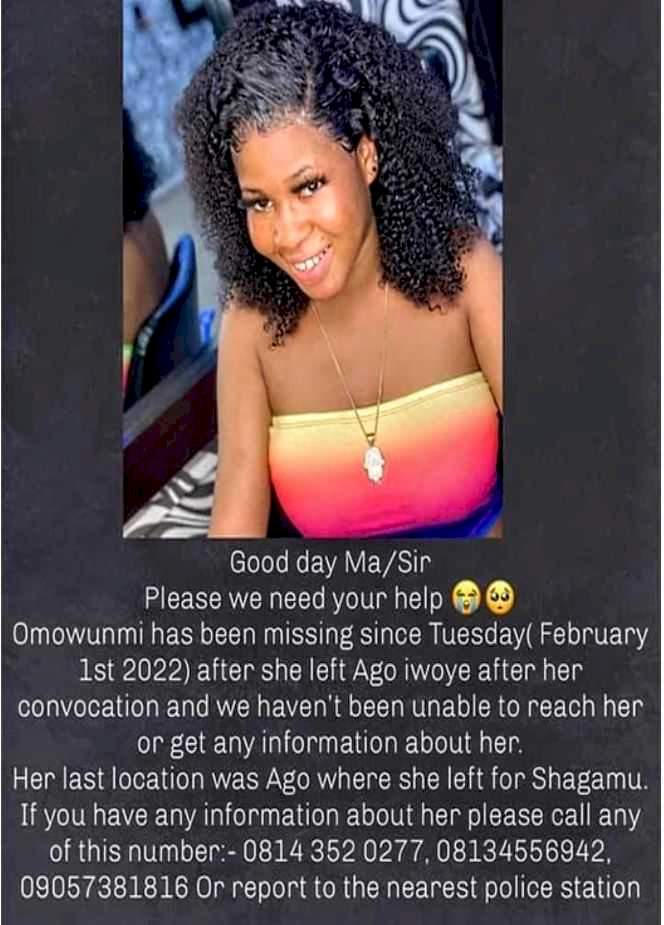 Fresh OOU graduate declared missing after leaving school to visit male friend