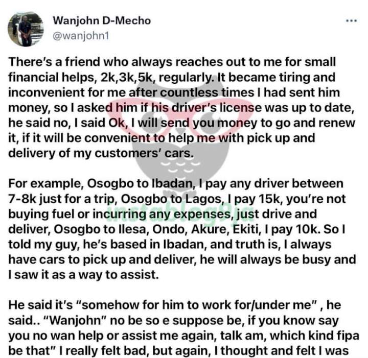 'If you know say you no wan help or assist me again, talk am' - Man reveals what his 'urgent 2K' friend said after he was offered a job.