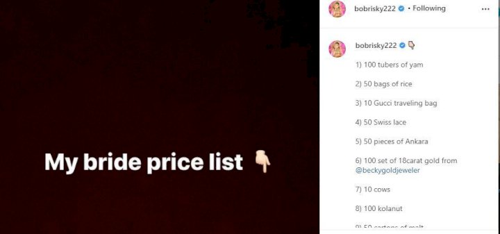 “10 cows; who die?” – Reactions as Bobrisky drops list of his bride price