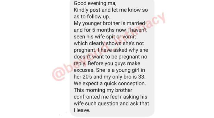 My brother said I should leave his house because I asked his wife 'when will you get pregnant?' - Lady laments