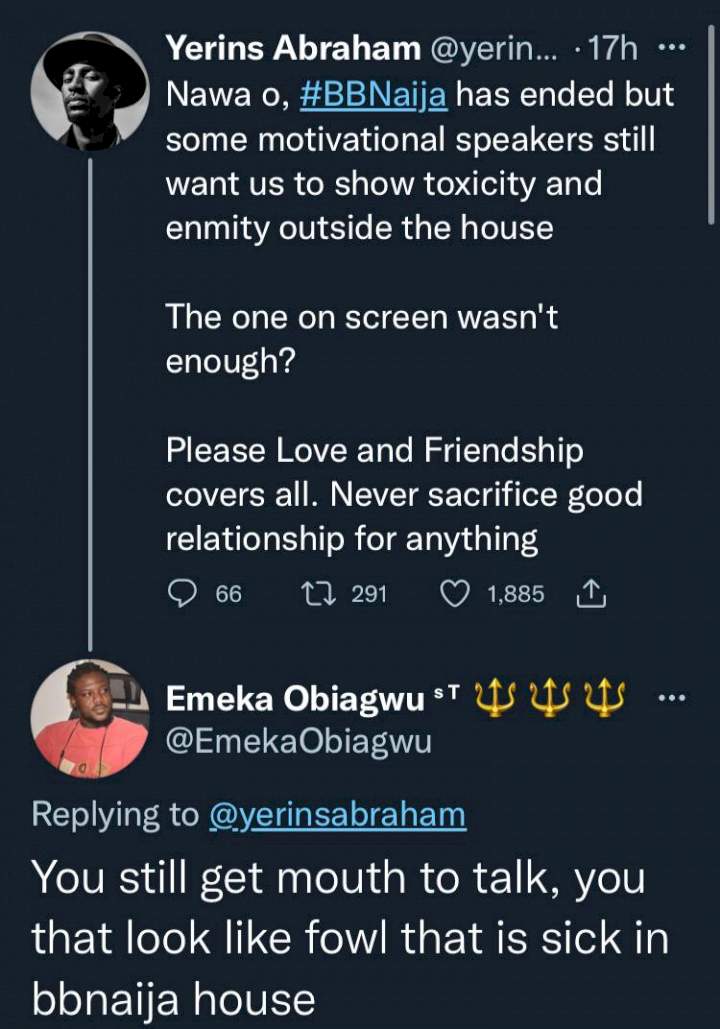 BBNaija's Yerins carpets troll who ridiculed him for preaching against toxic behavior to housemates