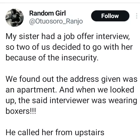 Nigerian lady follows her sister to a 'job interview' and found the interviewer wearing only boxers