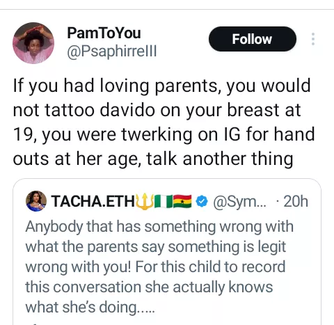 "...you would not tattoo Davido on your breast at 19" - Nigerian lady cdrags Tacha for supporting parents who insulted their daughter over iPhone 8