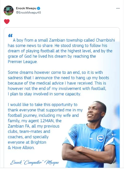 Zambia and Brighton star, Enock Mwepu retires at just 24 after being diagnosed with a hereditary heart condition