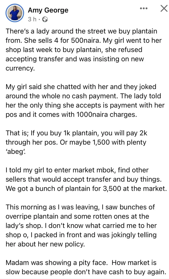 Naira Scarcity: How I dealt with vendor who charges double on bank transfer - Lady