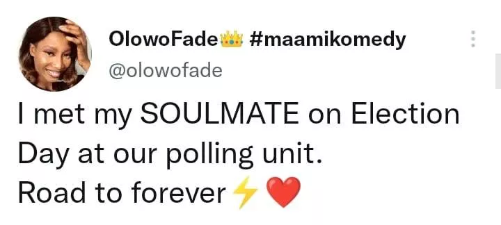 'Road to forever' - Lady jubilates after meeting her soulmate at polling unit