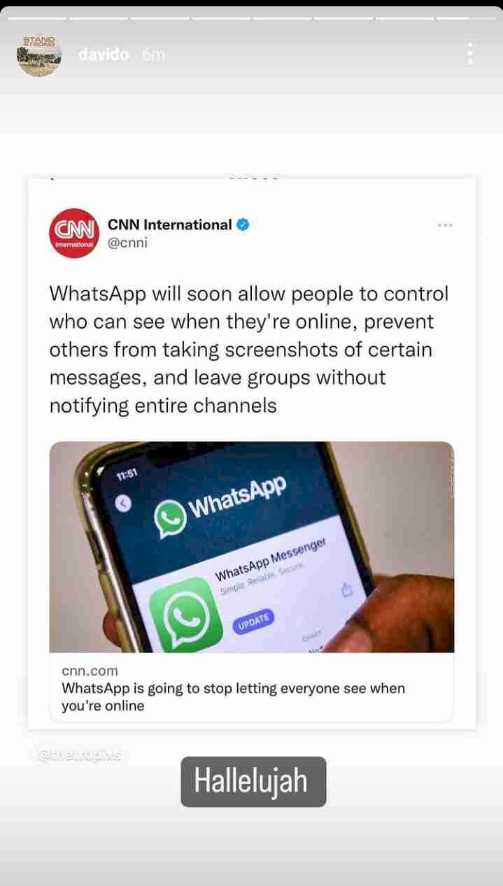 Davido reacts to report that WhatsApp users will soon be able to control people who can see when they are online