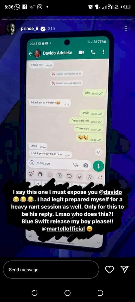 'I must expose you' - Davido's lawyer, Bobo Ajudua leaks chat with singer