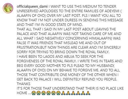 'My friends misled me' - Queen Dami begs to return to palace after feud with Alaafin of Oyo