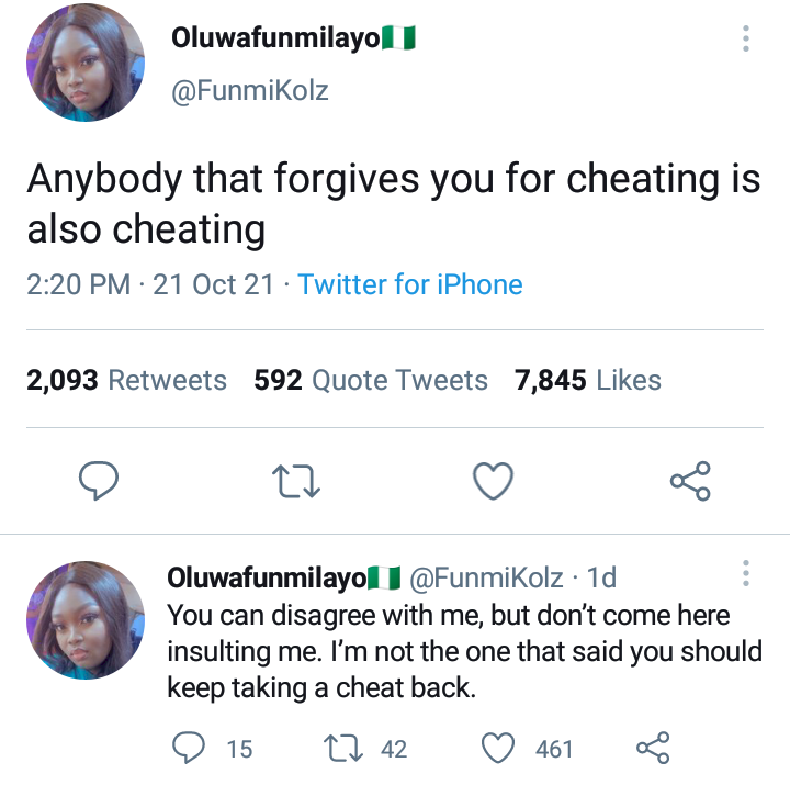'Anybody that forgives you for cheating, is also cheating' - Lady sparks debate