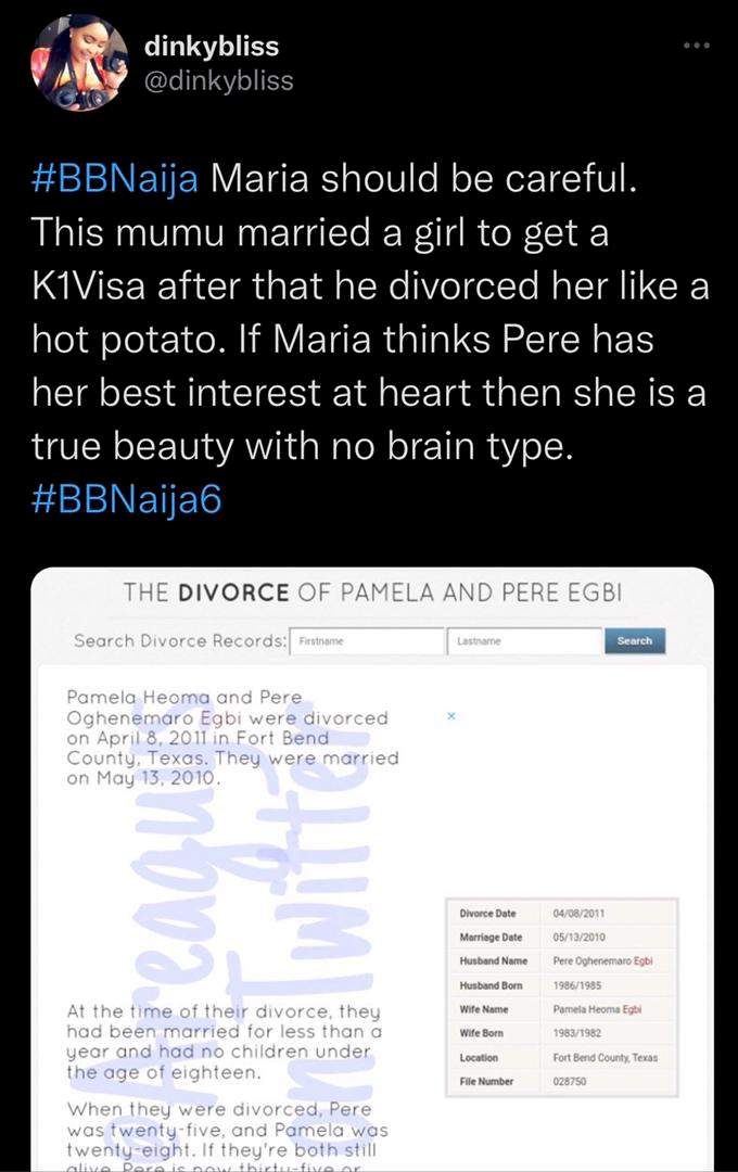 BBNaija: 'Maria should be careful' - Lady alleges Pere's marriage of one year was to secure visa