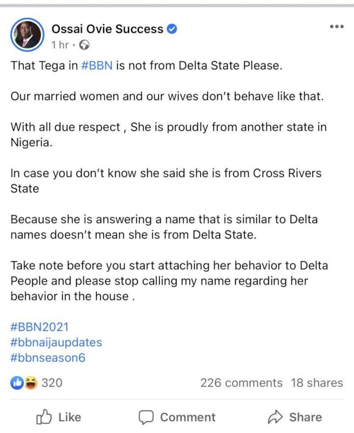 BBNaija: Delta married women don't behave like Tega - Okowa's aide