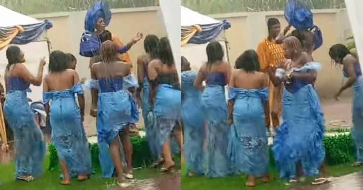 "Pure love" - Reactions as Aso-ebi girls join couple to dance in the rain during traditional wedding (Video)