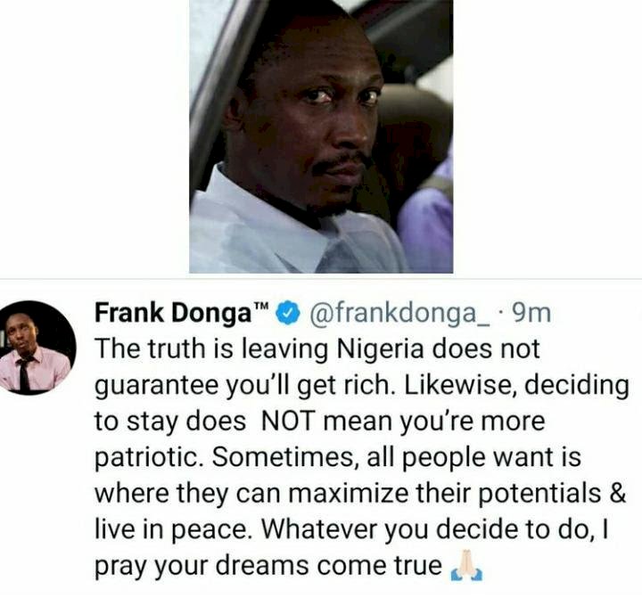 “Leaving Nigeria doesn’t guarantee your success” – Frank Donga to those seeking greener pasture abroad