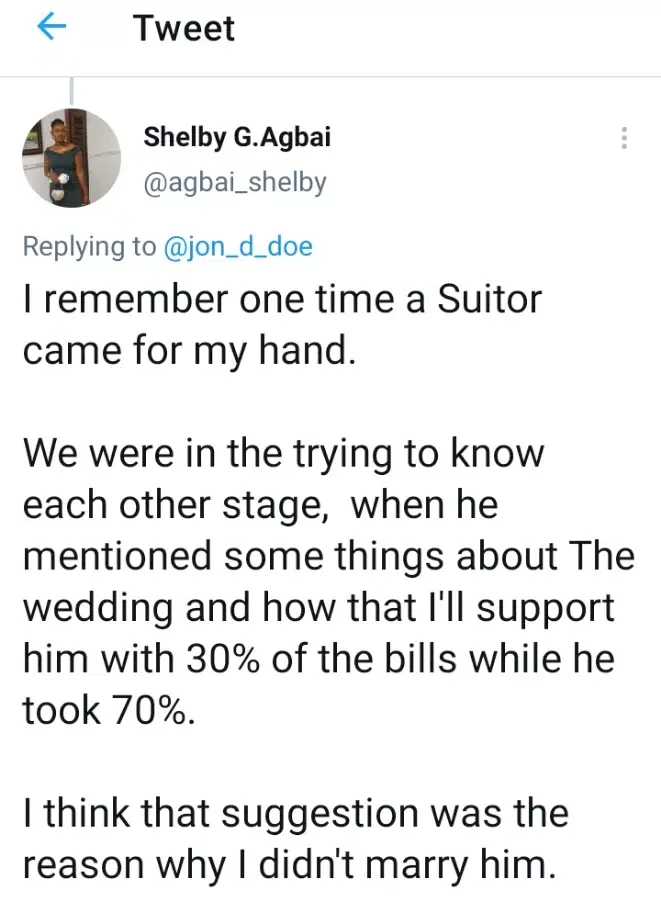 Lady ends things with man after he mentioned that they would split wedding bills