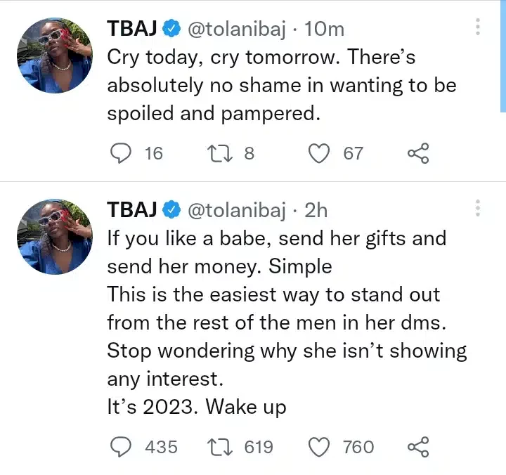 Tolani Baj sparks controversy as she lectures men on easiest way to get ladies' attention