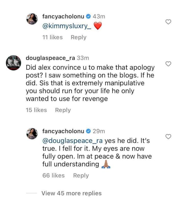 Alex Ekubo made me issue that public apology and I fell for it. My eyes are now open - Fancy Acholonu claims after being dragged for apologizing to ex-fiance