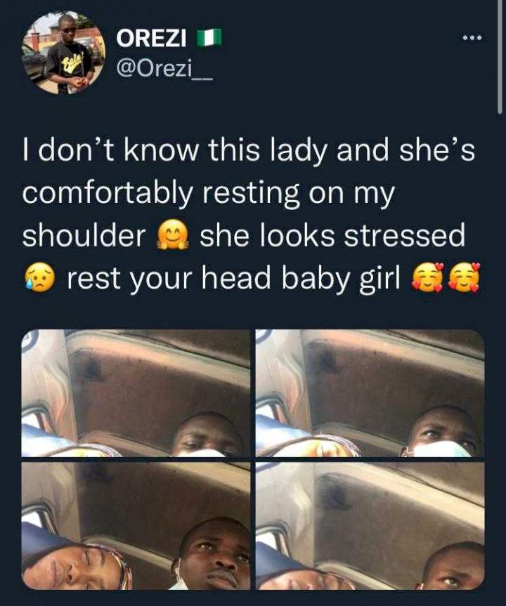 Man faces heavy criticism after sharing photos of lady who slept off on his shoulder while in a bus