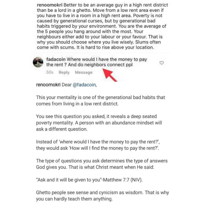 Reno Omokri replies follower who questioned him for saying it is ''Better to be an average guy in a high rent district than be a lord in a ghetto''