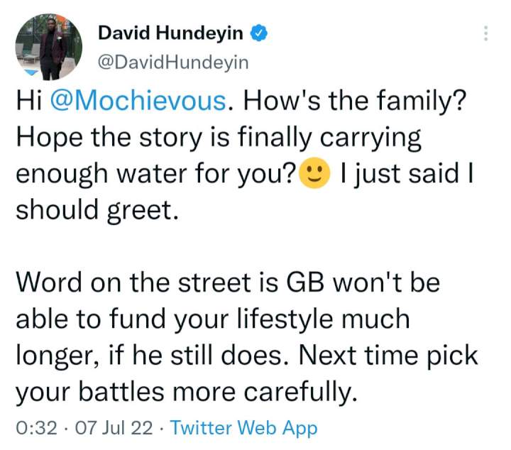 EndSARS frontliner, Moe Odele, hits back at journalist David Hundeyin, after he insinuated a man is funding her lifestyle 